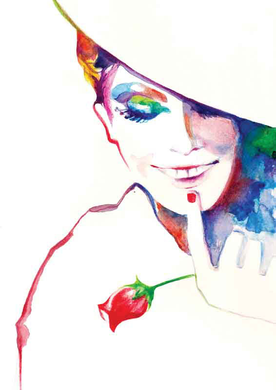 smile smiling French france watercolor fashion illustration woman face portrait flower red green rose close-up