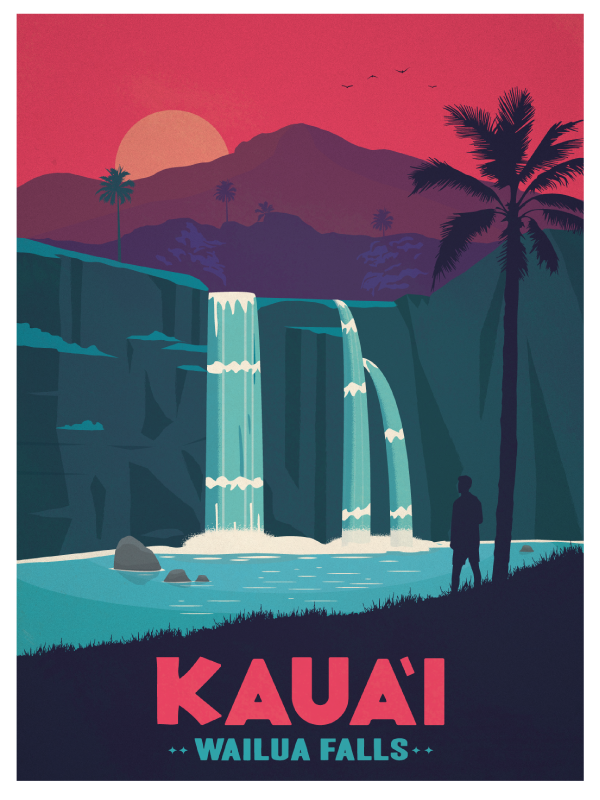 HAWAII poster kaua'i waterfall Landscape vintage vector simple Moody texture hawaiian islands Palm Trees inspire