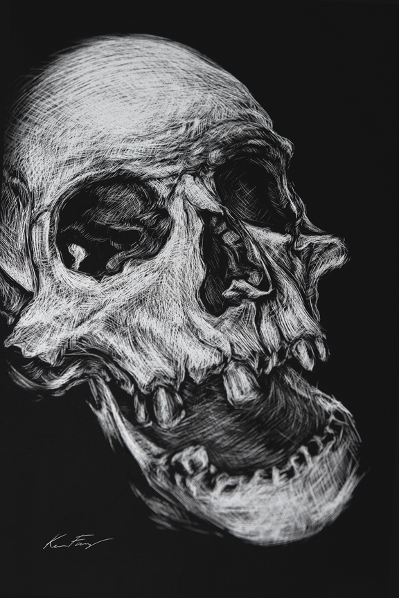 scratchboard skull black and white texture detail mixed media faces Freelance commission