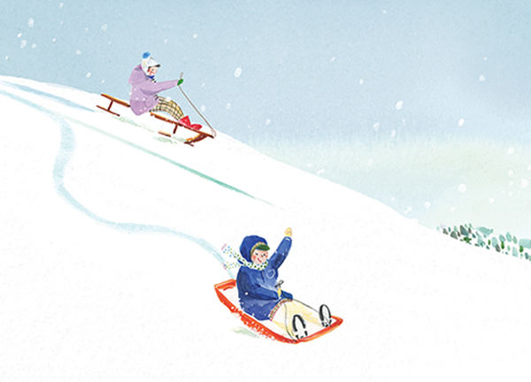 Sledding winter snow child children house Landscape fairy tale book Picture book