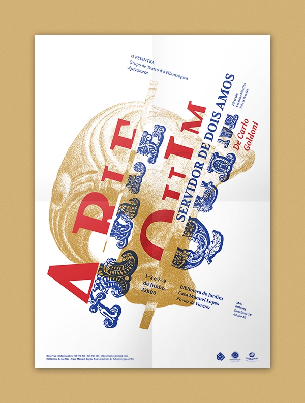 arlequim harlequin poster flyer blue red golden Carlo goldoni Theatre play Promotional typographic poster