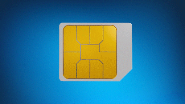 SIM card with gold conecters rotates on a blue background. 