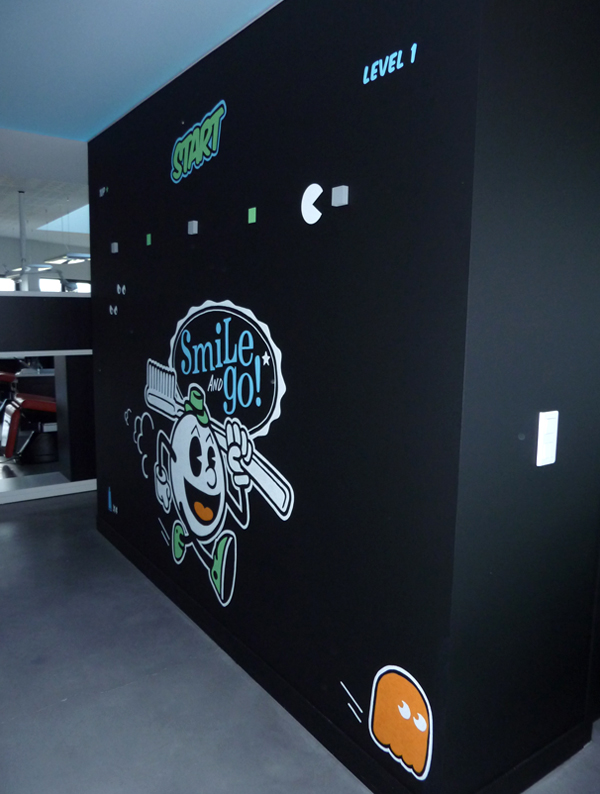 Mural Posca draw Pacman lettering Space Invaders Office deco
