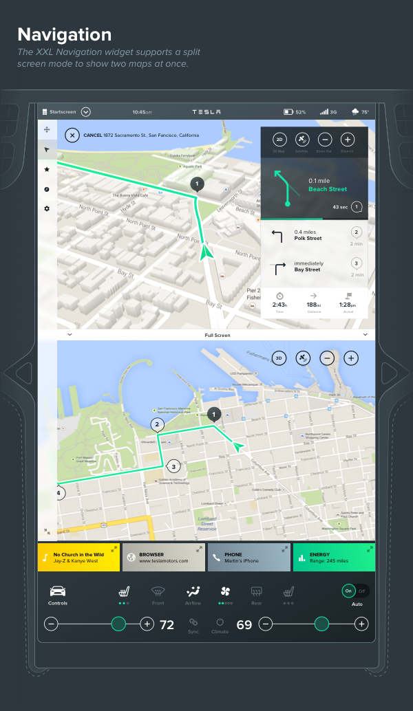 tesla Interface Infotainment UI ux GUI car Model S touchscreen widget grid