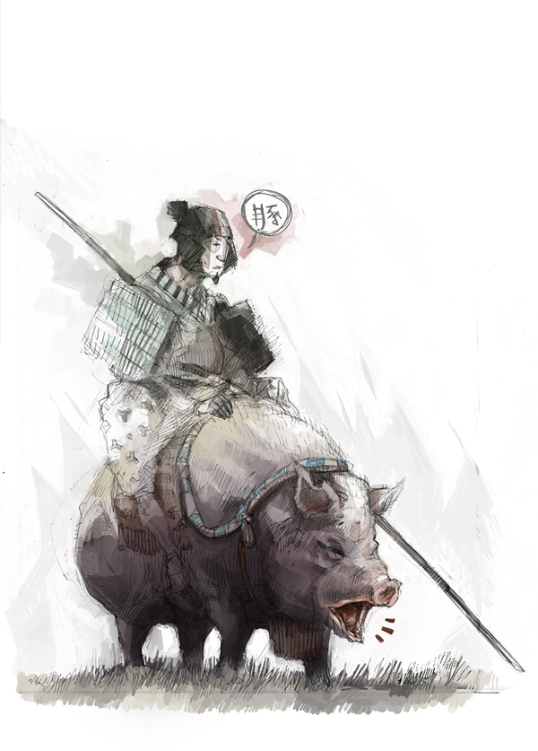 Fenris Cintiq Tablet Illustration conceptart japan samurai pig lady coffee fight katana