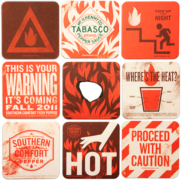 southern comfort fiery pepper new orleans tabasco spicy cajun heat spice challenging Fun flame devilish fusion orange red soco fire liquor Whiskey Fruit spices Hot Original concoction shield necker motif flavor launch kit siren coaster discruptive energy teaser beware Warning burn night sauce proceed caution