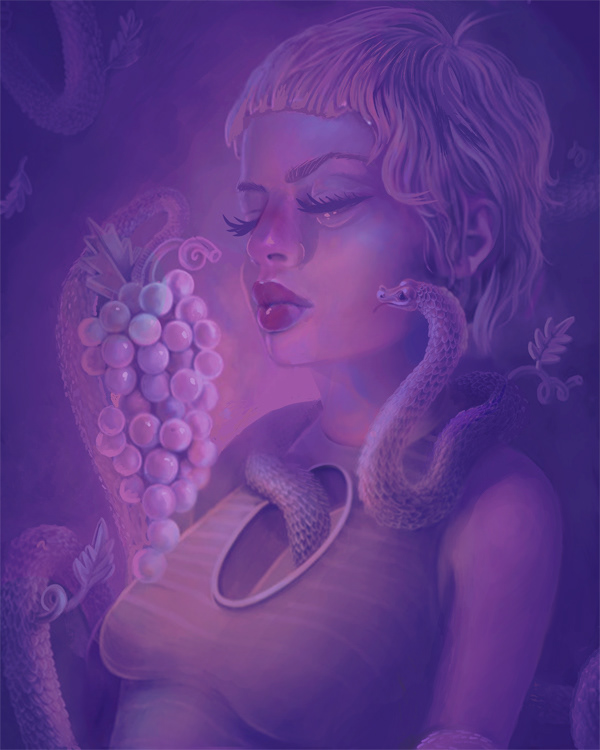 Fashion  Fruit grapes portrait purple reptile snake surrealism suureal woman