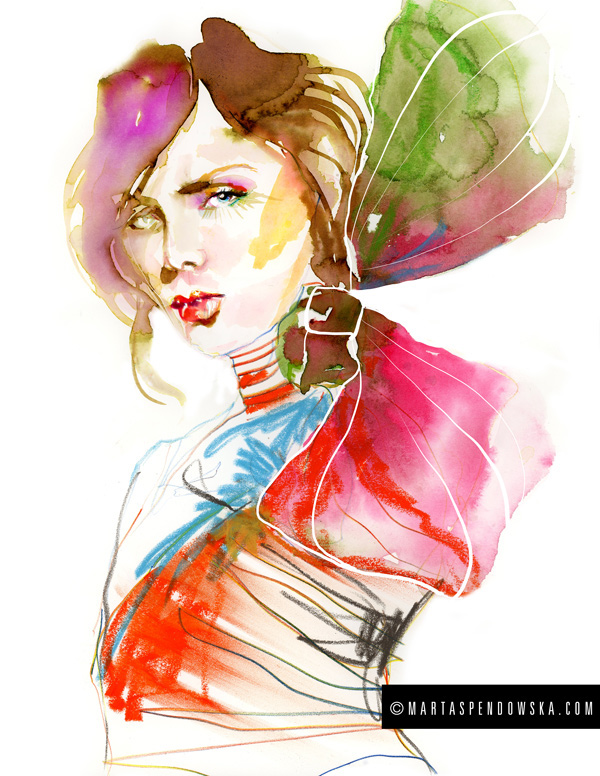 fashion illustration watercolor ink art splashes pink Line Work pencil black