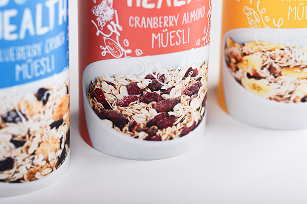 IN  good  health  muesli  Packaging  canister  cereal breakfast Food  Playful Illustrative graphic design healthy