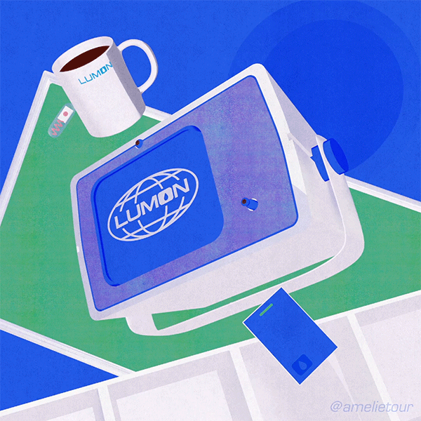 Animation of a coffee mug, computer screen and employee card slightly rotating.