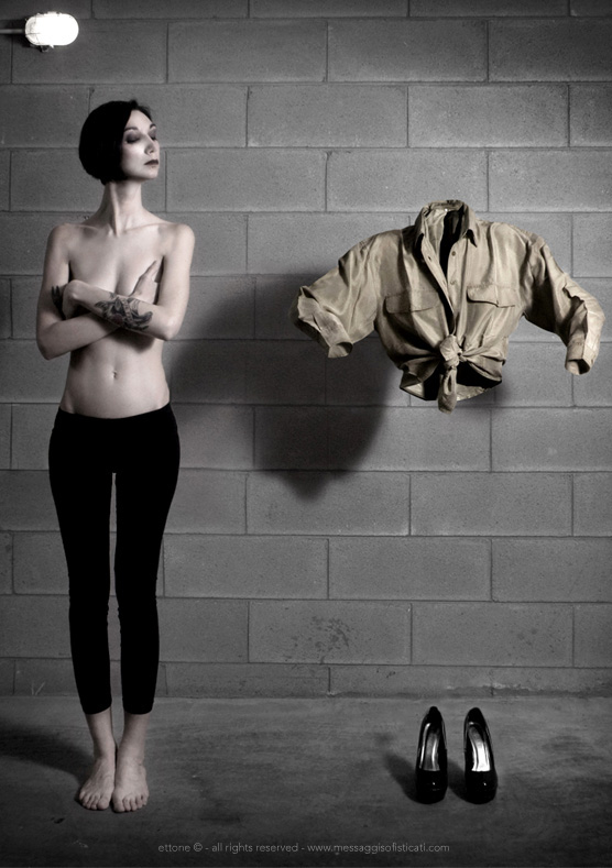 manipulation postproduction post Production Style styling  clothes SILK shirt pockets Catalogue dark yellow blouse model girl garage wall Post Production wearing wear shoes invisible Invisible Man InvisibleMan woman concept conceptual editorial ettone