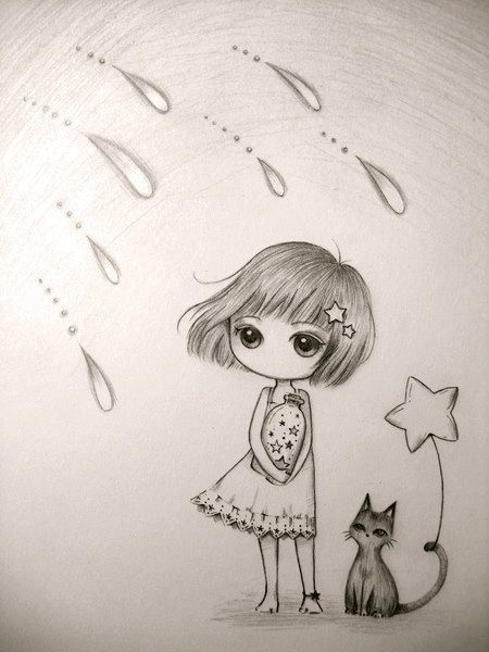 Cute Little Gift with Big Eyes and Cat Sketch Drawing Illustration