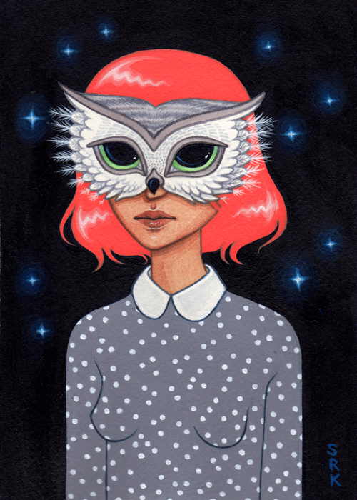 milky way portrait pink hair woman girl stars starry sky polka dots galaxy alien owl mask owl