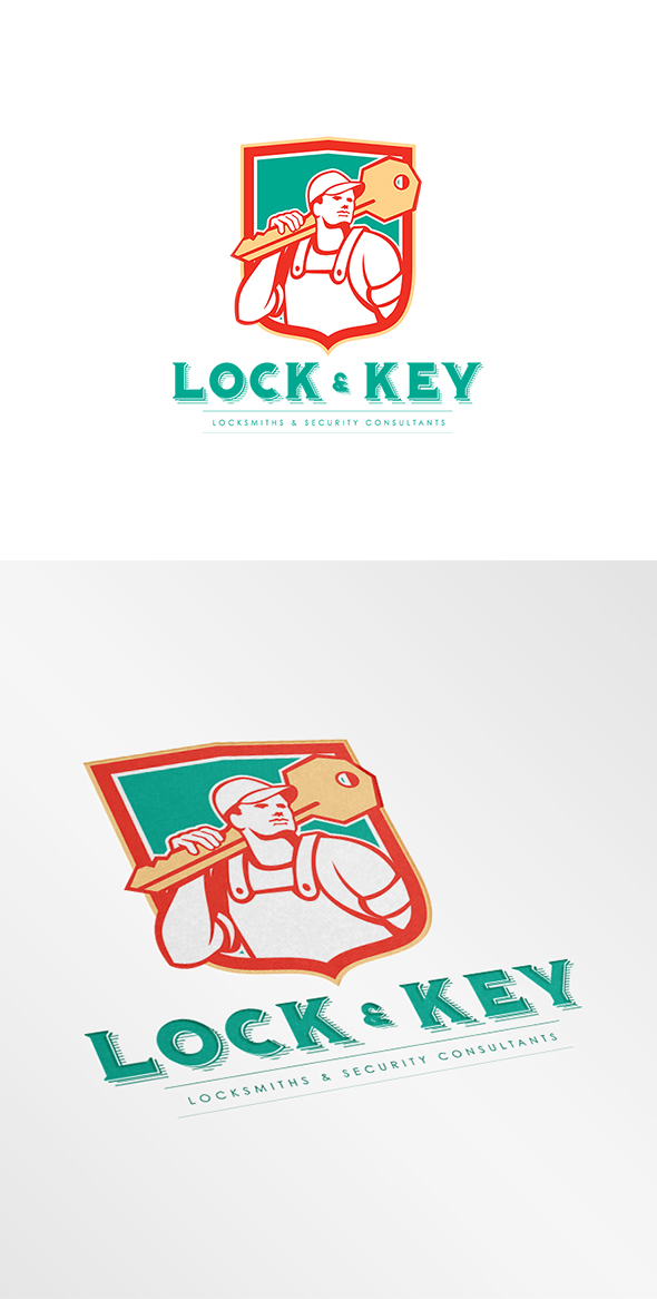Lock and Key Security Consultants  logo locksmith key holding carrying Carry shoulder worker Tradesman repairman man male Isolated