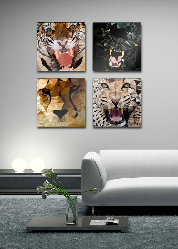 polygonal Triangles Delaunay Raster triangulation animals tiger leopard cheetah panther posters Nature modern Low Poly beasts 3D
