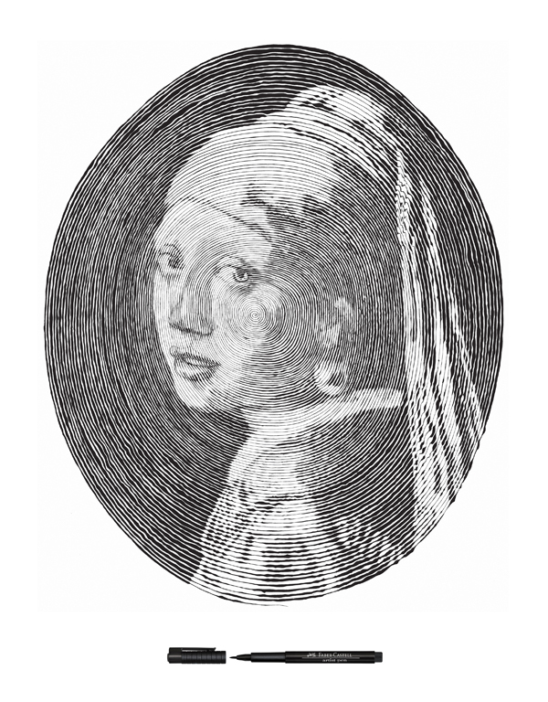 FABER CASTELL line drawing Mona Lisa self portrait girl with a pearl earring