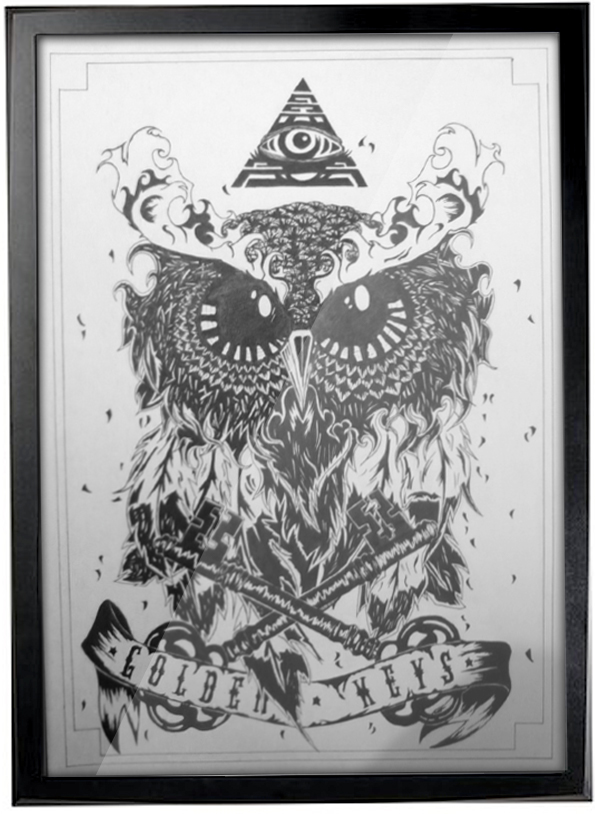 owl black ink pyramid eye poster hand golden keys olehula belas-artes