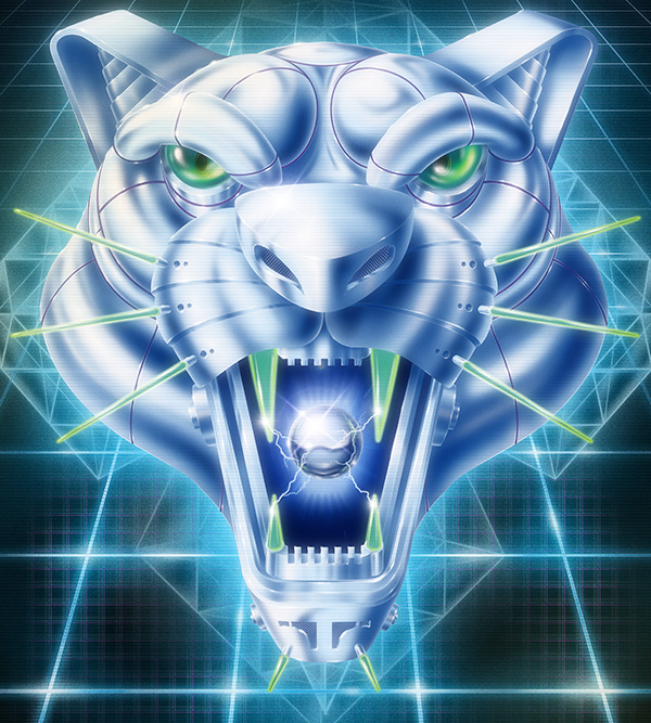 3D tiger chrome realistic laser grid 80s cyber neon shiny lightning awesome
