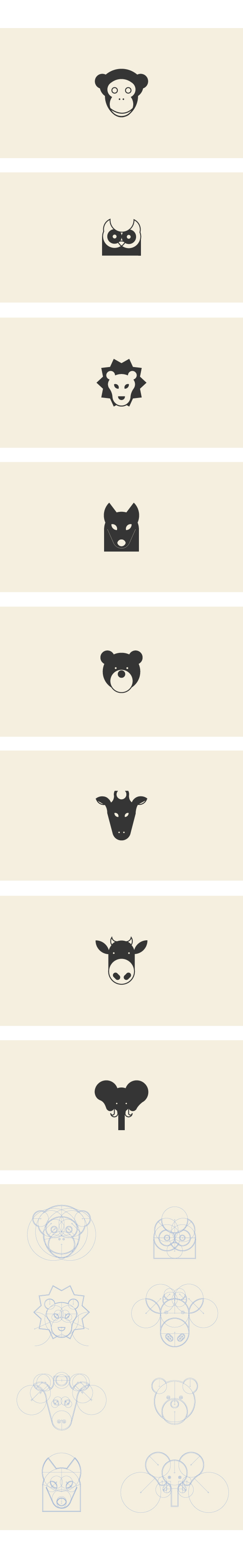 Icon animal pictogram geometric minimal lion cow owl monkey elephant wolf bear giraffa