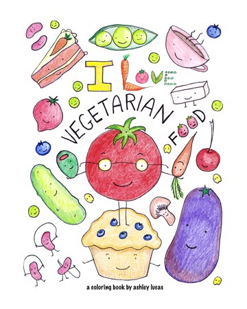 coloring book Vegetarian Veggie vegetables kawaii cute adorable whimsical For Kids children's vegetarian coloring book color in farm fresh foods salads for teachers