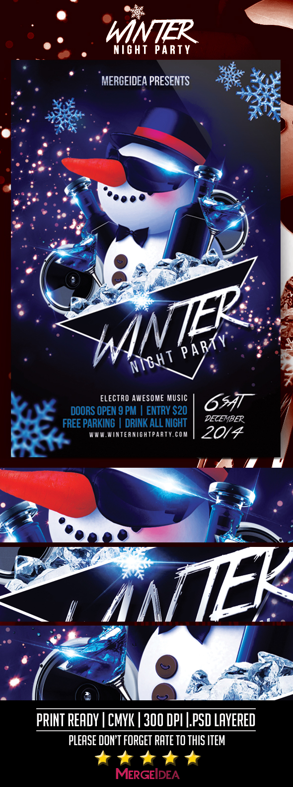 blue cocktail cold cool December electro Event flyer Holiday ice night winter snow snowman Sunglasees