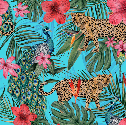jaguar peacock wildlife Wildlife Illustration tropical print tropical pattern Clothing Pattern textile designer Clothing Print watercolor