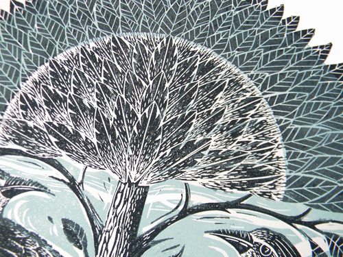 printmaking lino linocut linoleum crows birds trees Folklore