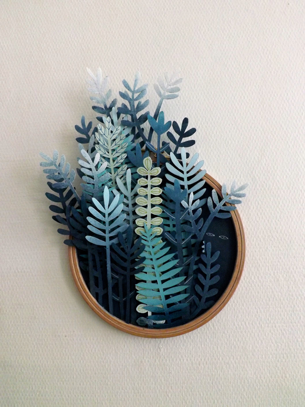 paper engineering collage leave vegetation sculpture blue gradiant wood silence artwork frame wall