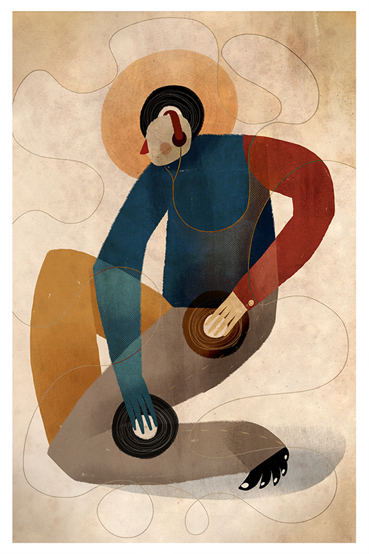 Records vinyl headphones DigitalIllustration editorial poster conceptual
