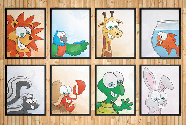 portriats Cartoons animals watercolor lion Turtle giraffe goldfish rabbit parrot hermit crab skunk