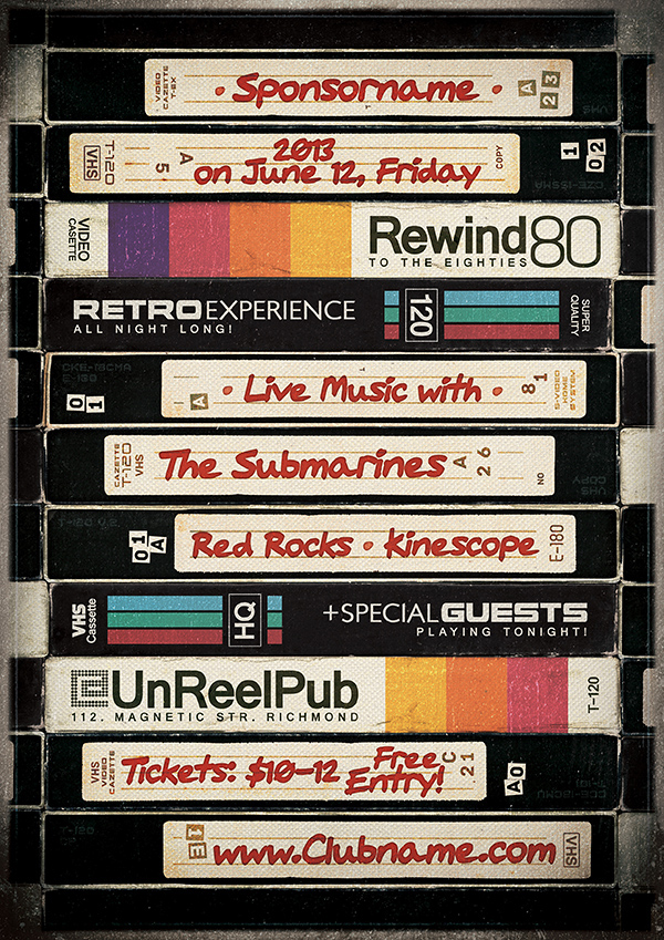flyer poster print template vintage Retro cassette vhs tape 80s Event indie rock alternative Unique Show