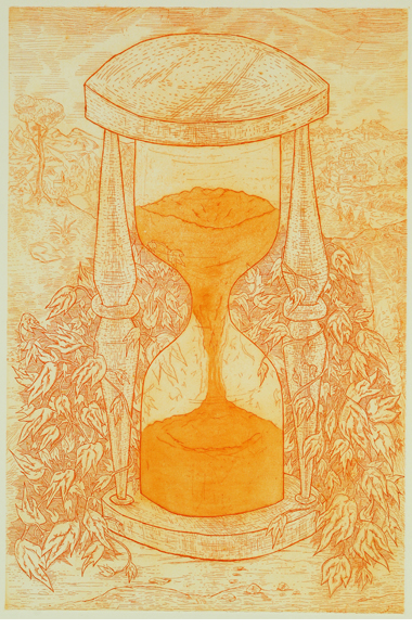 Italian Roots santy etching GRAVURA Project B clessidra Tempo arancione acquatinta calcography calcografia prints incisione disegno torchio