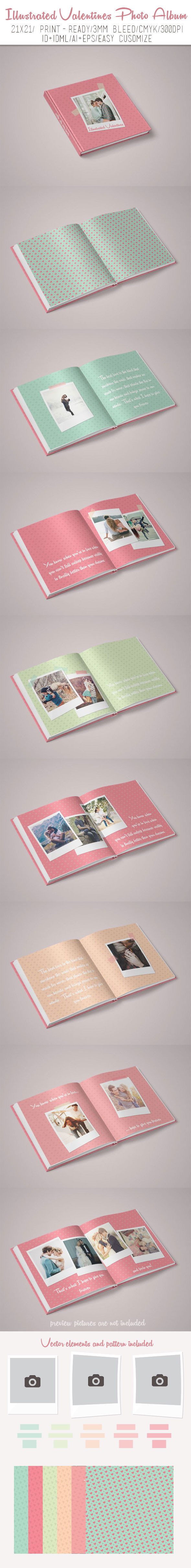 illustreted valentines photo Album template Layout memories couple Love pattern design InDesign print present gift