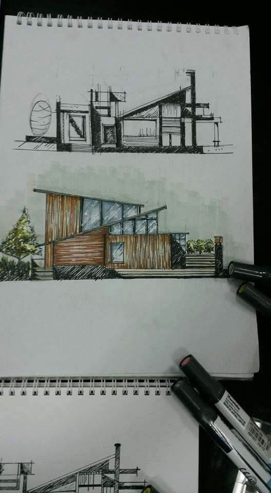 Interior architect sketch manual freehand Landscape design colors markers pen ink architectural