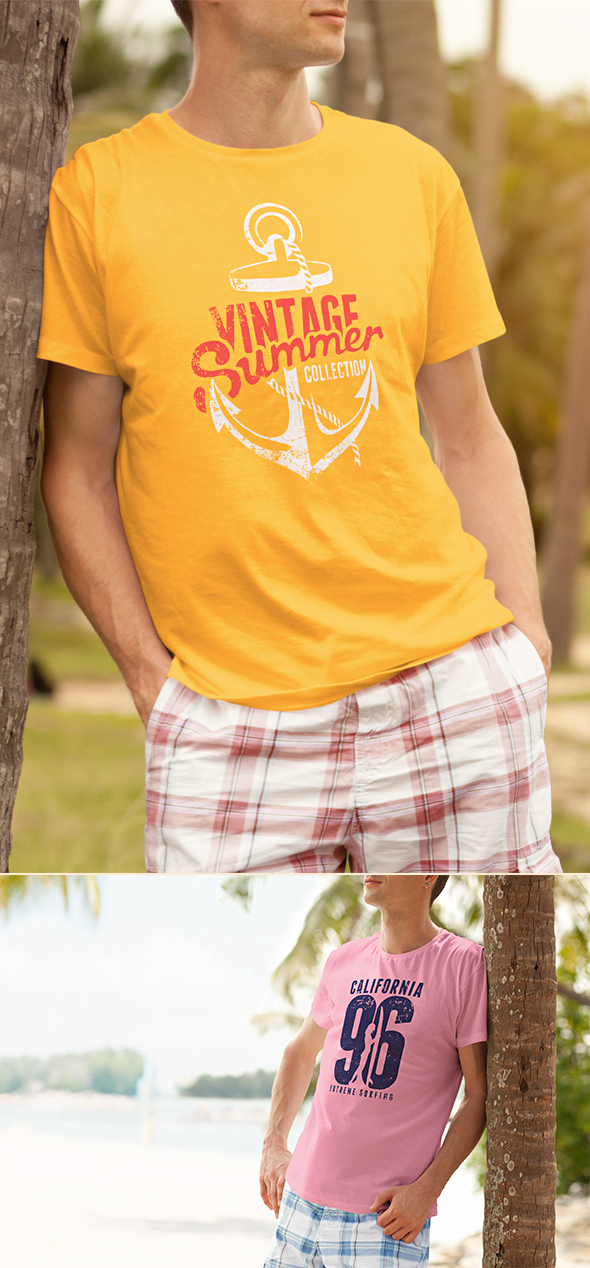 beach t-shirt printing tee t-shirt mock-up sell Mockup male summer man Young wear sand surfer surfing