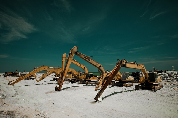 construction machines excavators blue sky wide angle