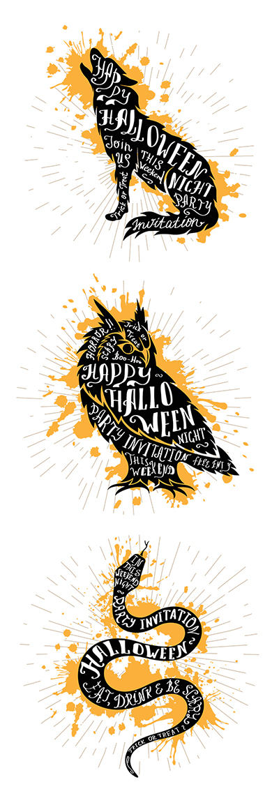 Halloween poster wolf lettering owl snake