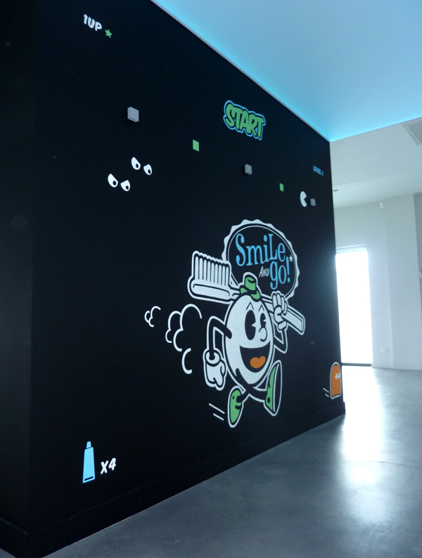 Mural Posca draw Pacman lettering Space Invaders Office deco