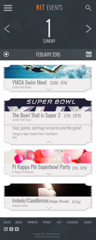 rit Events Dodgeball ticket redesign calendar swim meet superbowl