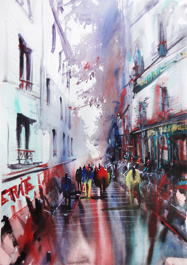 Paris montmartre crowd mouvement watercolor watercolour watercolors watercolor painting aquarelle city Cities Urban