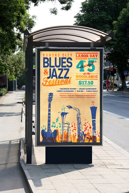 kansas city  BLUES jazz festival ad campaign instruments kc billboard poster t-shirt MIssouri Blues and Jazz