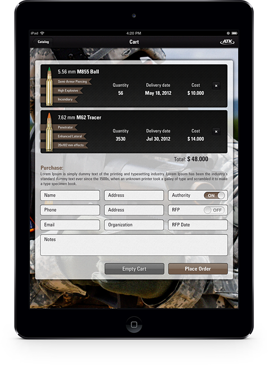 iPad mobile app graphic UI ux atk industrial Military Weapon army america catalog interactive