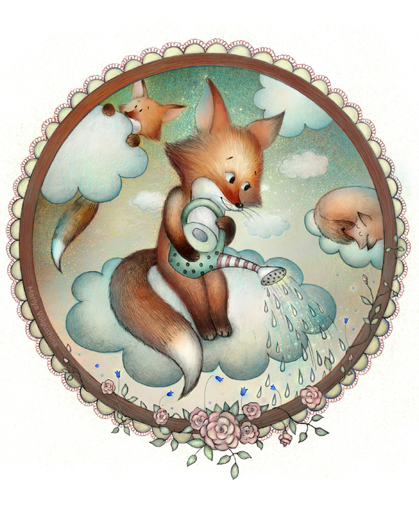 FOX pattern package rain cartoon fox clouds SKY frame Flowers rose Watering pot bellflower Gift Boxes notebook