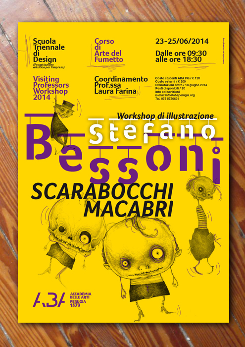 Accademia Belle Arti perugia Francesco Mazzenga poster Stefano Bessoni Laura Farina illustrazione Workshop Scarabocchi Macabri Scuola di Design Arte del Fumetto