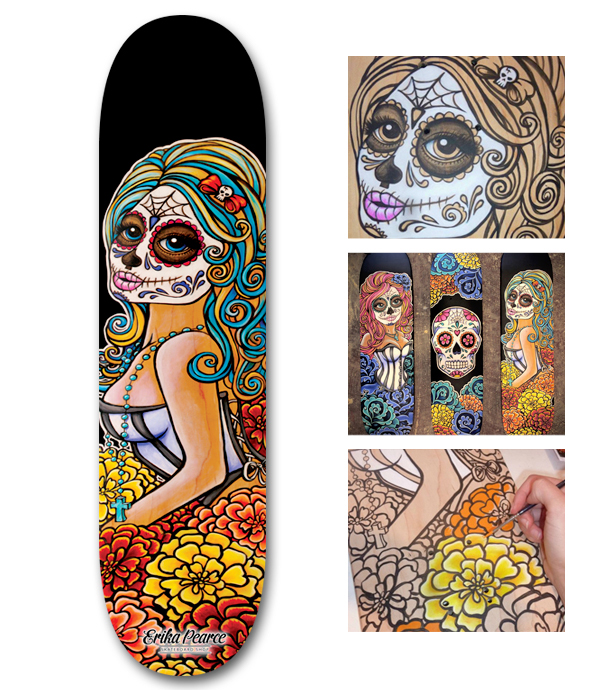 skateboards skate art  skate deck boards for sale Art Boards Day of Dead Mexican  Mexico sugar skull Flowers  roses  pin up sexy tiger octopus