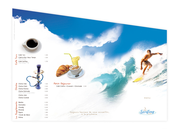 surfing café Surf Coffee logo mlogotype menu brochure