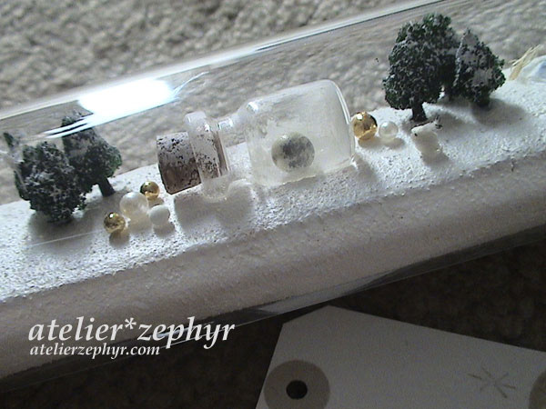 the solar system atelier*zephyr mixed media glass bottle Miniature moon polymer clay snow Tree  planet
