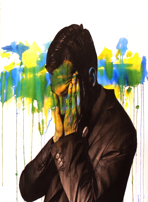 Business Prayer No.1 A Gentleman's Agreement Stavros Pavlides fine art ink and watercolor businessman angst suit blue green yellow Stavros Pavlides Art works on paper drips