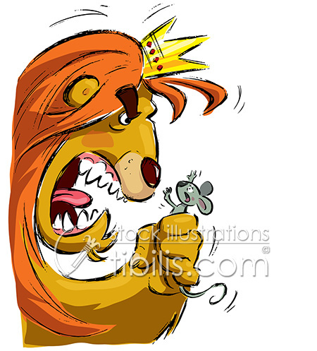 Cartoon lion holding a tiny mouse frightening it on Behance
