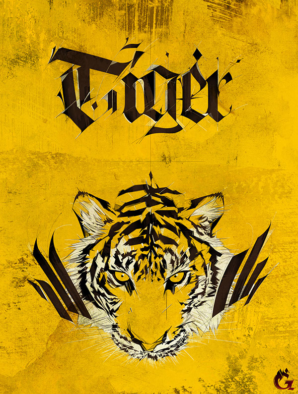 tiger calligraphic Fraktur animal illust